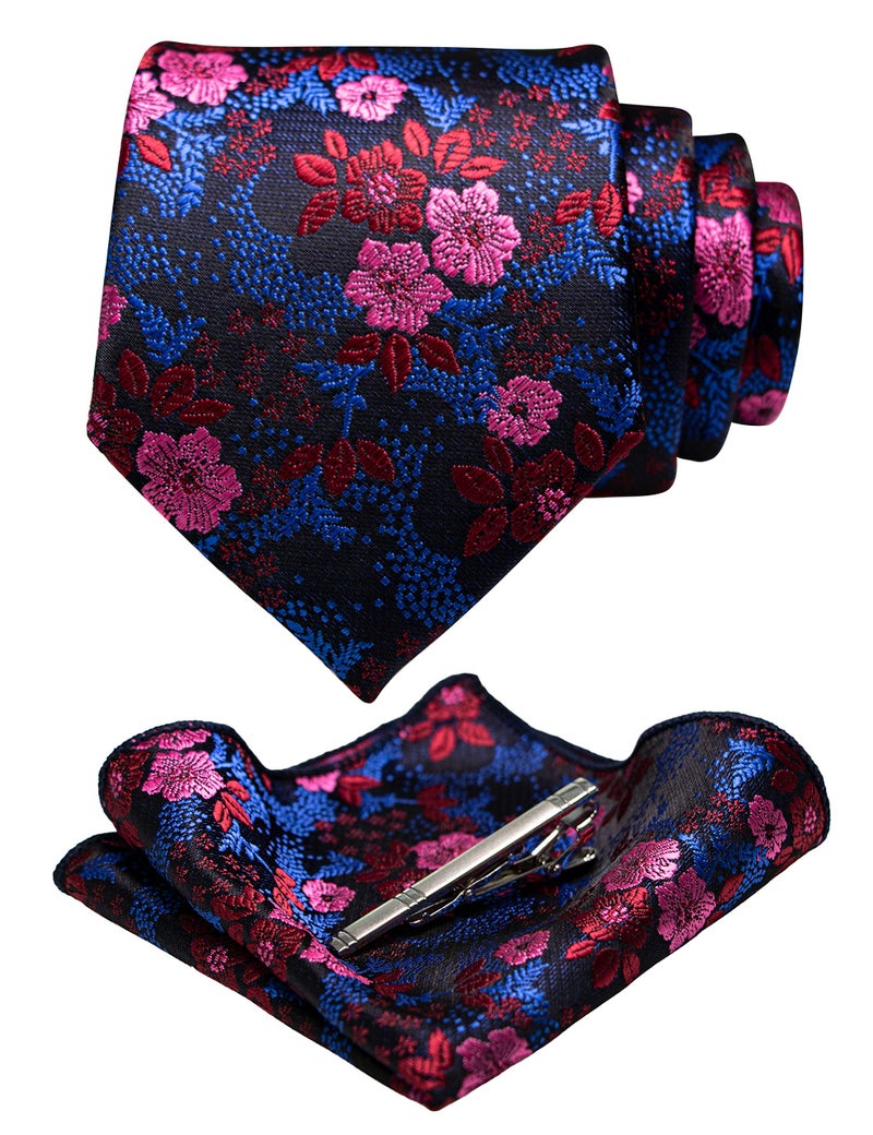 JEMYGINS Silk Blue Red Floral Necktie and Pocket Square, Hankerchief and Tie Bar Clip Sets for Men (2) - Image 1